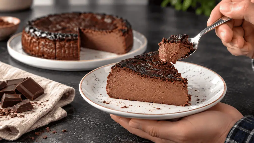 Πρωτεϊνικό σοκολατένιο cheesecake φούρνου με κρεμώδη υφή και πλούσια γεύση σοκολάτας