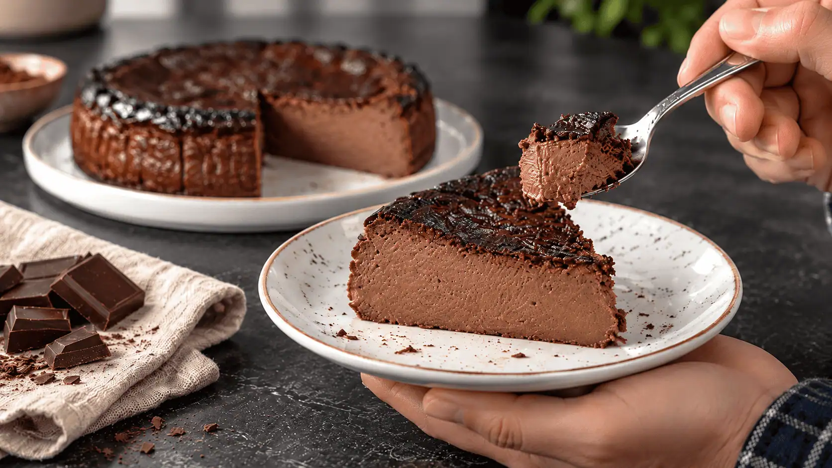 Πρωτεϊνικό σοκολατένιο cheesecake φούρνου με κρεμώδη υφή και πλούσια γεύση σοκολάτας