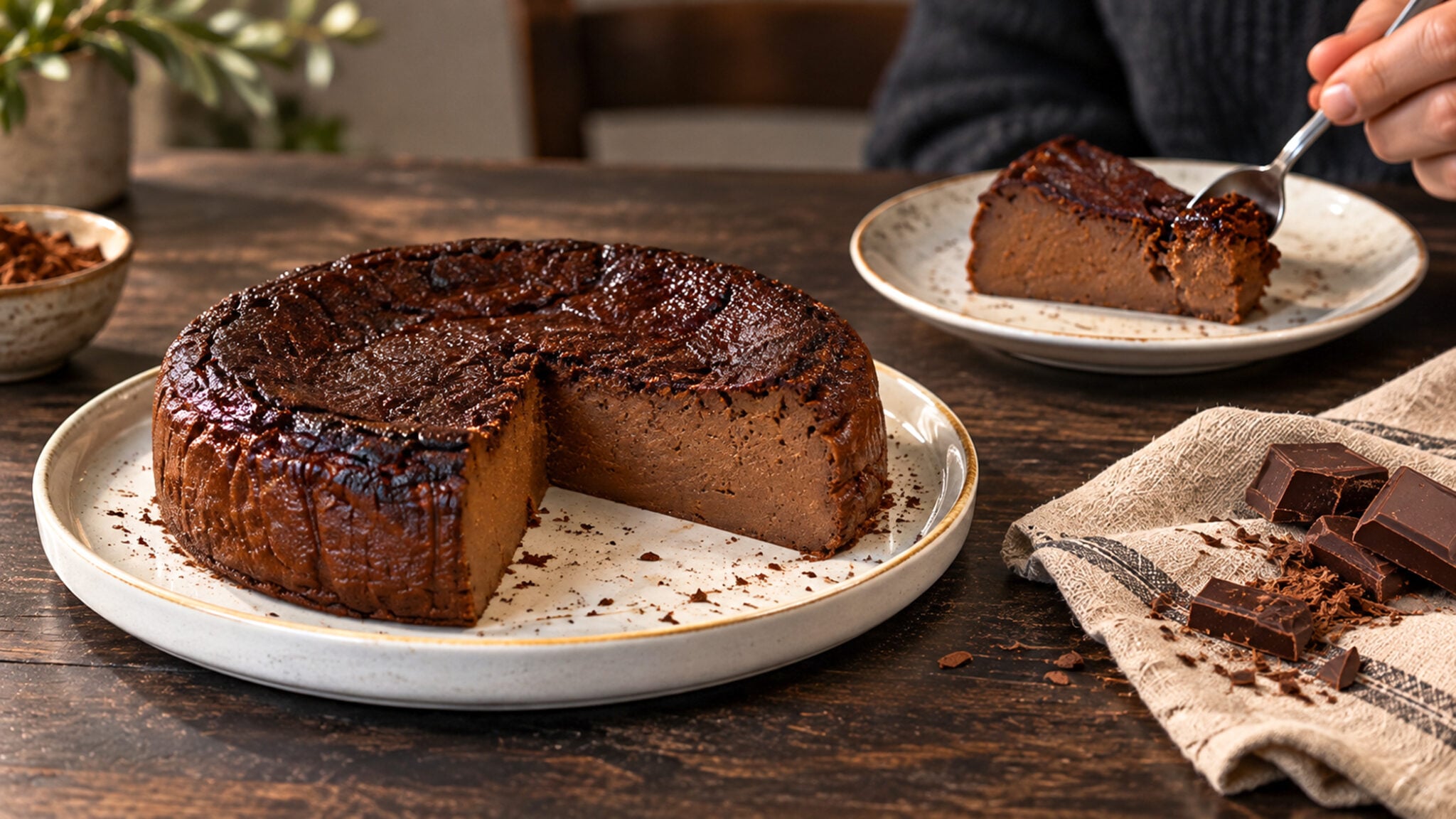 Πρωτεϊνικό σοκολατένιο cheesecake φούρνου με κρεμώδη υφή και πλούσια γεύση σοκολάτας