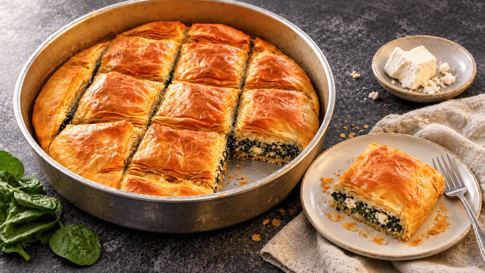 Σπιτική σπανακοτυρόπιτα με τραγανό χειροποίητο φύλλο, ψημένη σε ταψί και κομμένη σε κομμάτια