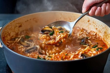ΥΛΙΚΑ
????300 γρ. μέτριο κριθαράκι (1,5 κούπα)
????500 γρ. μανιτάρια Portobello 
????2 μέτρια κρεμμύδια
????1 σκελίδα σκόρδου
????5 κ.σ. ελαιόλαδο
????125 ml κόκκινο κρασί (1/2 κούπα)
????750 γρ. ζωμό λαχανικών (3 κούπες)
????1 κ.γ. πελτέ ντομάτας
????400 γρ. ντομάτα κονκασέ
????1 κ.γ. αλάτι
????1/2 κ.γ. θυμάρι
????3-4 κόκκους μπαχάρι
????2 φύλλα Δάφνης
????Πιπέρι
--
????Μαϊντανός