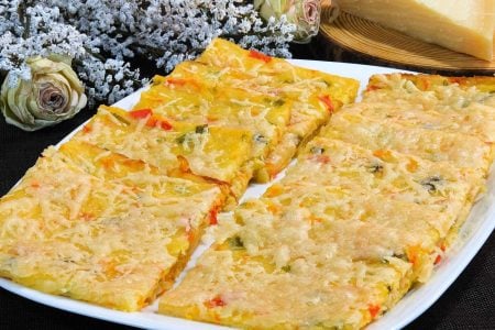 ΥΛΙΚΑ
?4 μέτριες πατάτες
?3 κρεμμυδάκια φρέσκα
?1 καρότο 
?1 κόκκινη πιπεριά
?2-3 κτσ ελαιόλαδο
?2 πρέζες αλάτι
?πιπέρι
-------------------------------------------
?3 μέτρια αυγά
?180 γρ γάλα
?200 γρ αλεύρι γ.ο.χ
?1 κτγ αλάτι
?1 κτγ μπέικεν πάουντερ
?πιπέρι
?1 κτσ ελαιόλαδο
--------------------------------------------
?Τυρί παρμεζάνα
--------------------------------------------
?46 εκ.